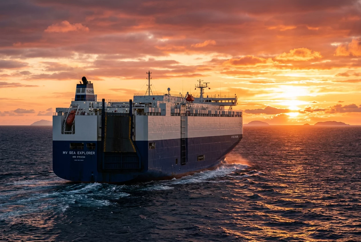 Cargo ship loaded with new cars crossing the ocean